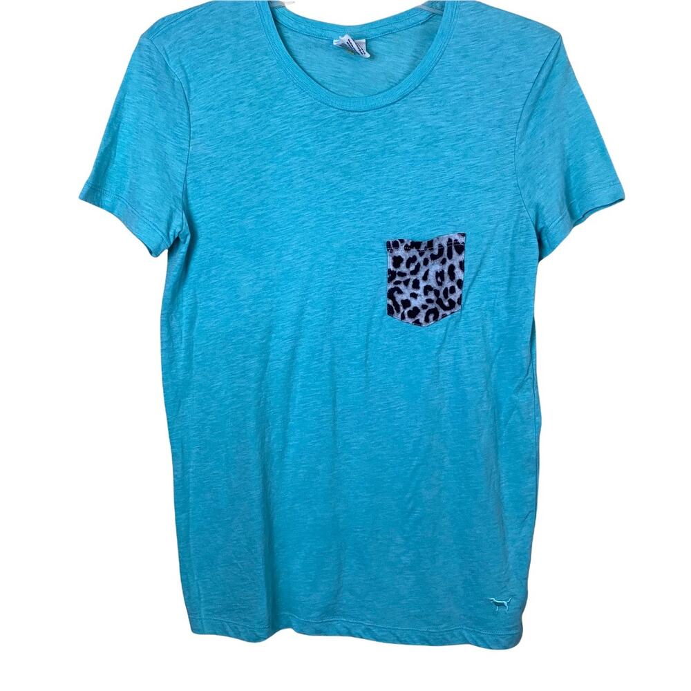 Pink Victoria Secret Teal Short Sleeve T-Shirt, Leopard Print Pocket